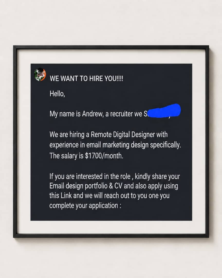 Recruiter message offering a remote digital designer role