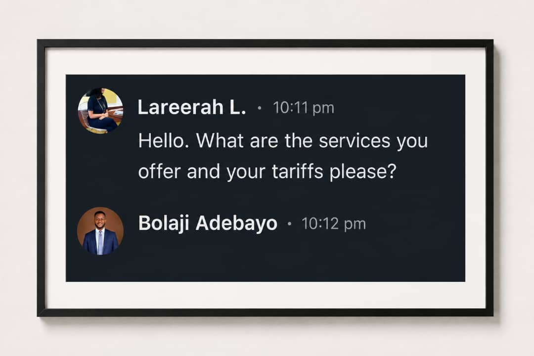 LinkedIn message from a prospect asking about services and tariffs